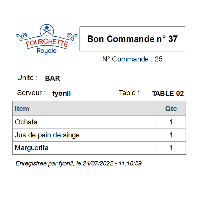 Exemple de bon de commande G-Restaurant